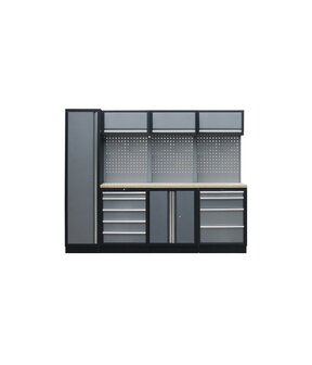 PROFESSIONEEL GARAGE WANDSYSTEEM 3 RUGPANELEN+KAST MET HOUTEN WERKBLAD